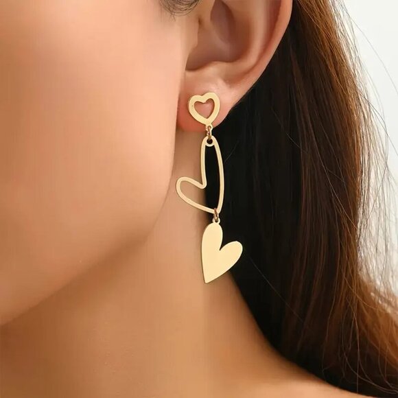 NEW Gold Heart Dangle Earrings Retro Chic Double Drop Hollow and Solid Heart - Picture 1 of 3